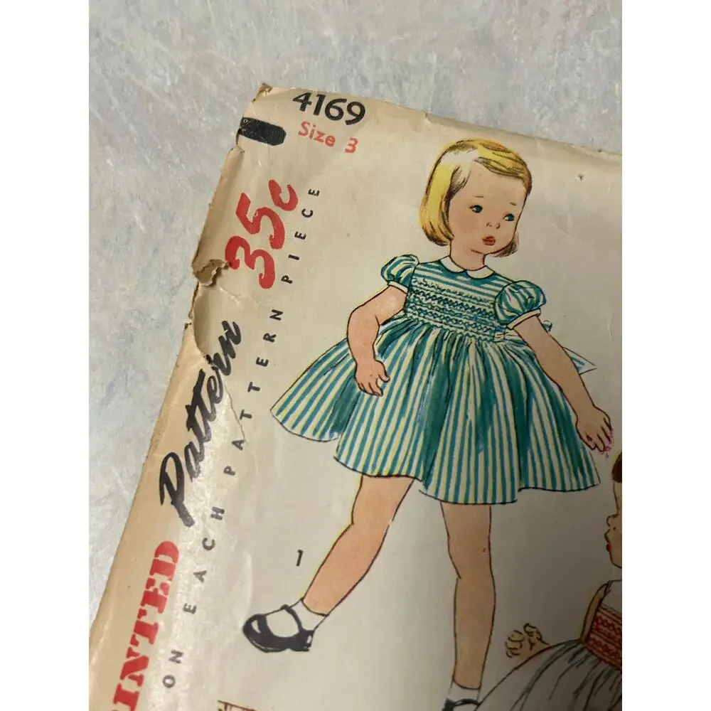 Vintage 1950's Simplicity Pattern #4169‎ Toddler Girls Smocked Dress Size 3